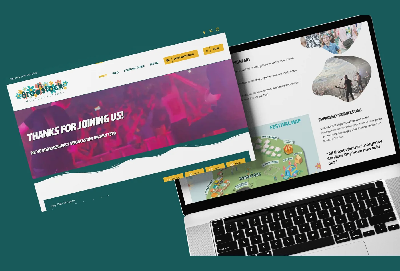 The Brodstock music festival website shown on a laptop and as a full page design