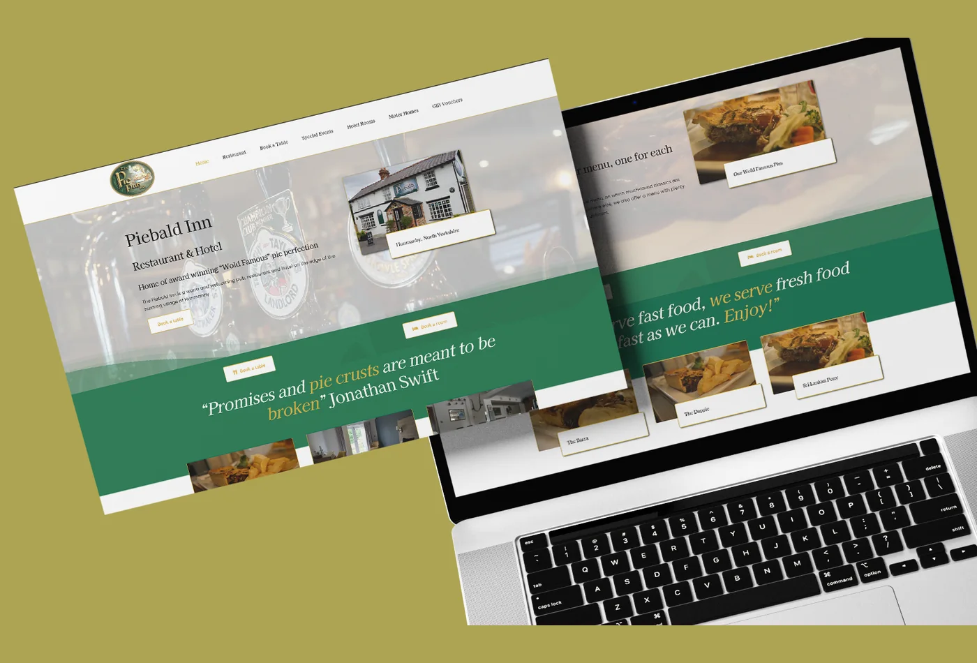 The Piebald Inn website shown on a laptop and as a full page design
